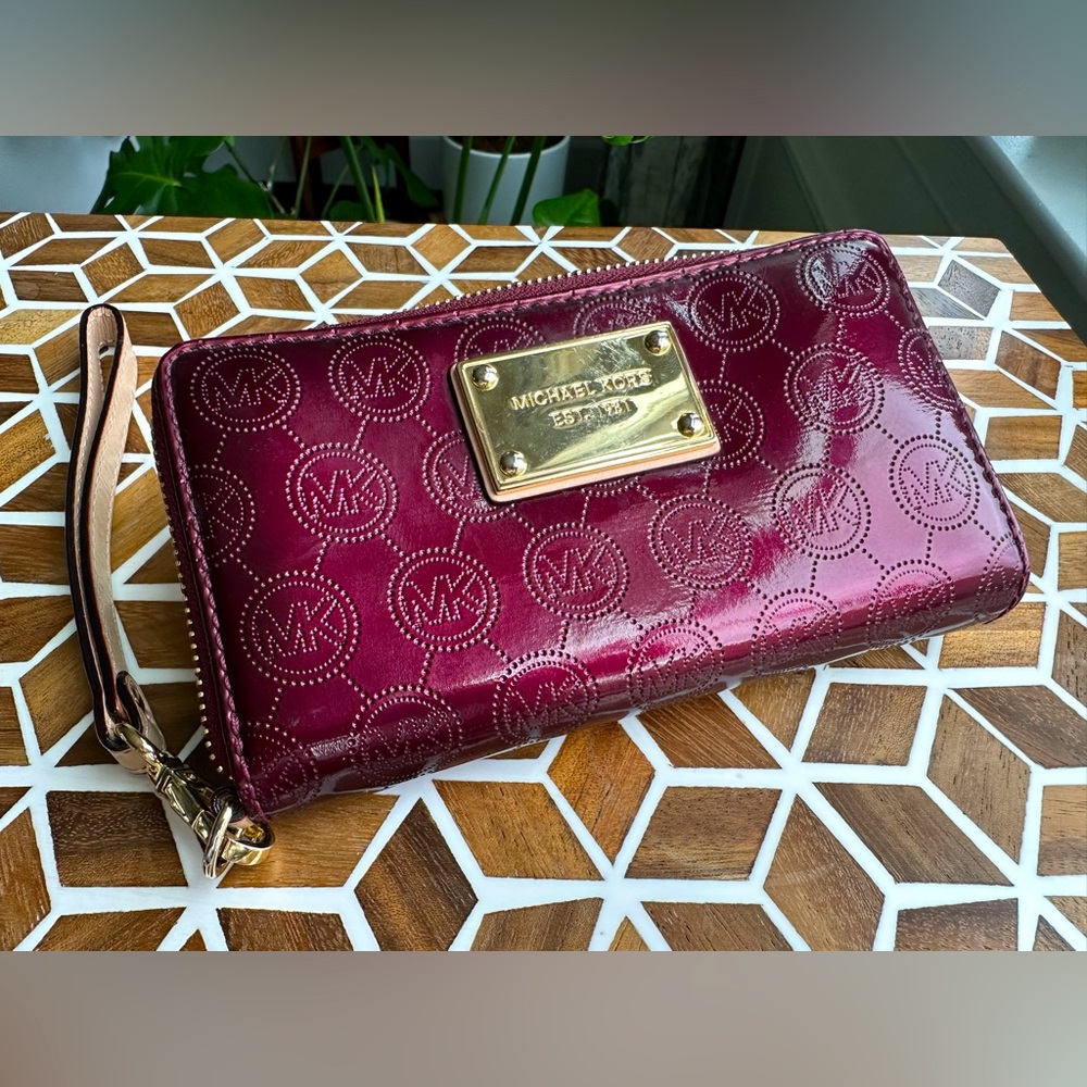 Michael Kors Women's Burgundy Patent Leather Wristlet Wallet